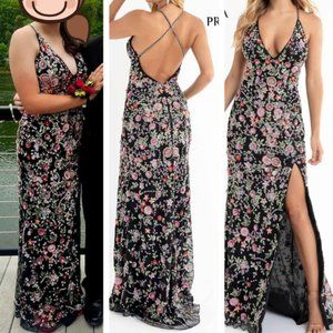 Prom Formal Dress - Black and Multi Floral Beading